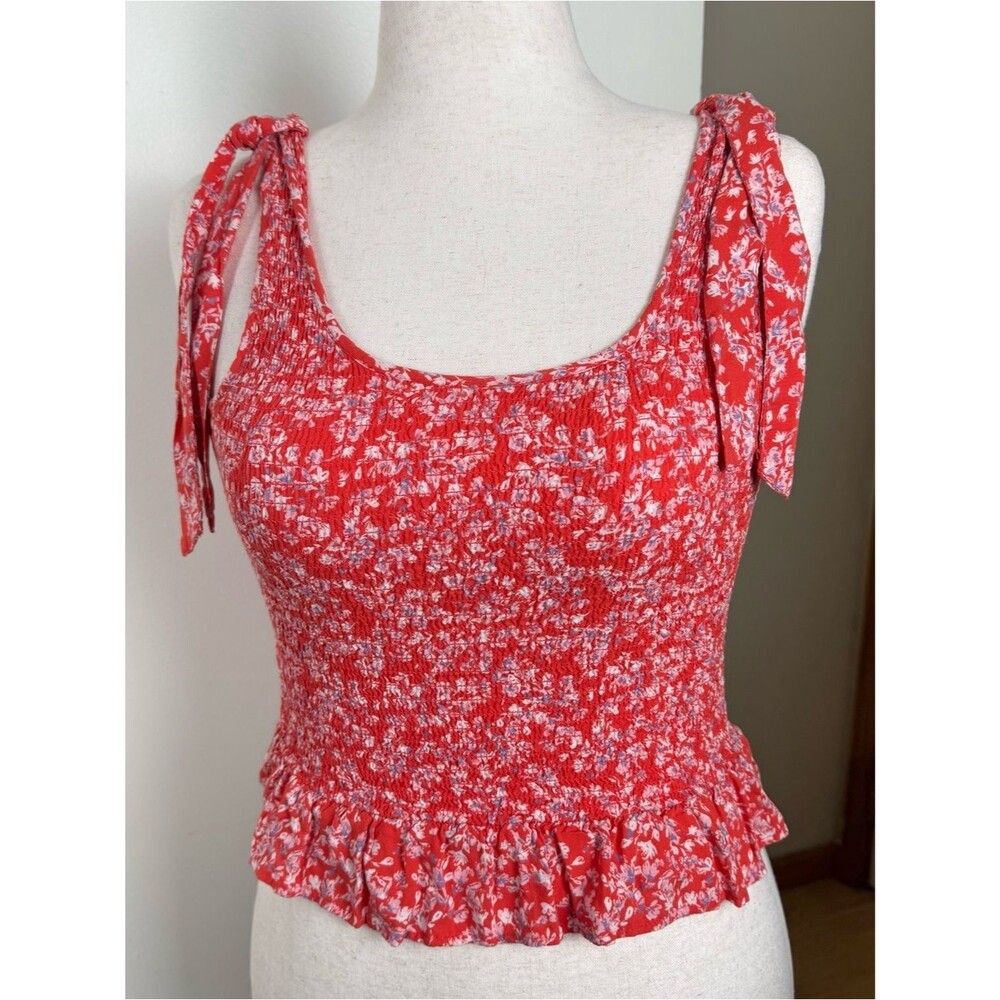 Japna Red Floral Tie-Shoulder Smocked Tank Top